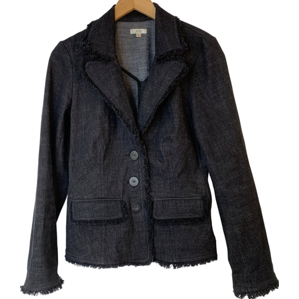 Cache 8  Fringe Raw Fitted Denim Blazer Jacket RA10055 Stretch EUC